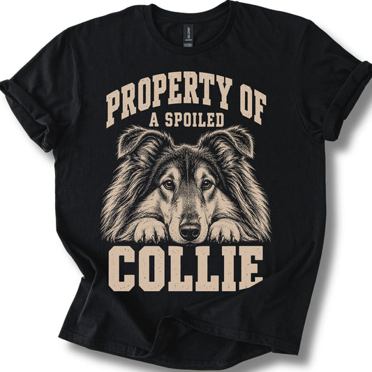 Black Collie T-shirt with a dog portrait and “Property of a Spoiled” lettering.