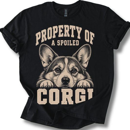 Black Corgi T-shirt with a dog portrait and “Property of a Spoiled” lettering.
