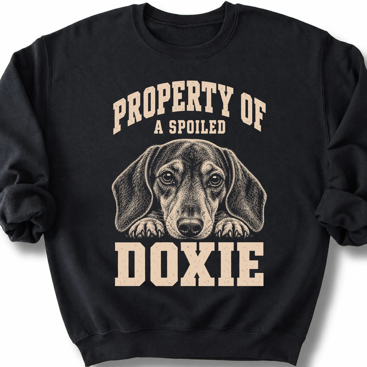 Black Dachshund sweatshirt with a dog portrait and “Property of a Spoiled” lettering.