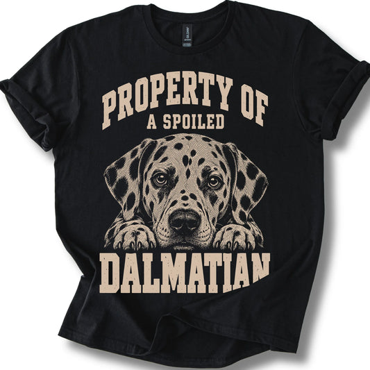 Black Dalmatian T-shirt with a dog portrait and “Property of a Spoiled” lettering.