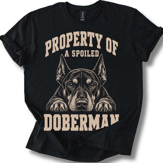Black Doberman T-shirt with a dog portrait and “Property of a Spoiled” lettering.