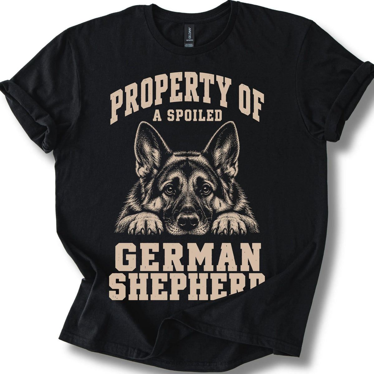 Black German Shepherd T-shirt with a dog portrait and “Property of a Spoiled” lettering.