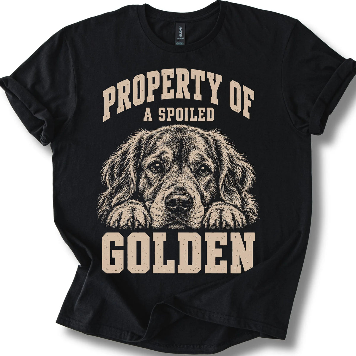 Black Golden Retriever T-shirt with a dog portrait and “Property of a Spoiled” lettering.