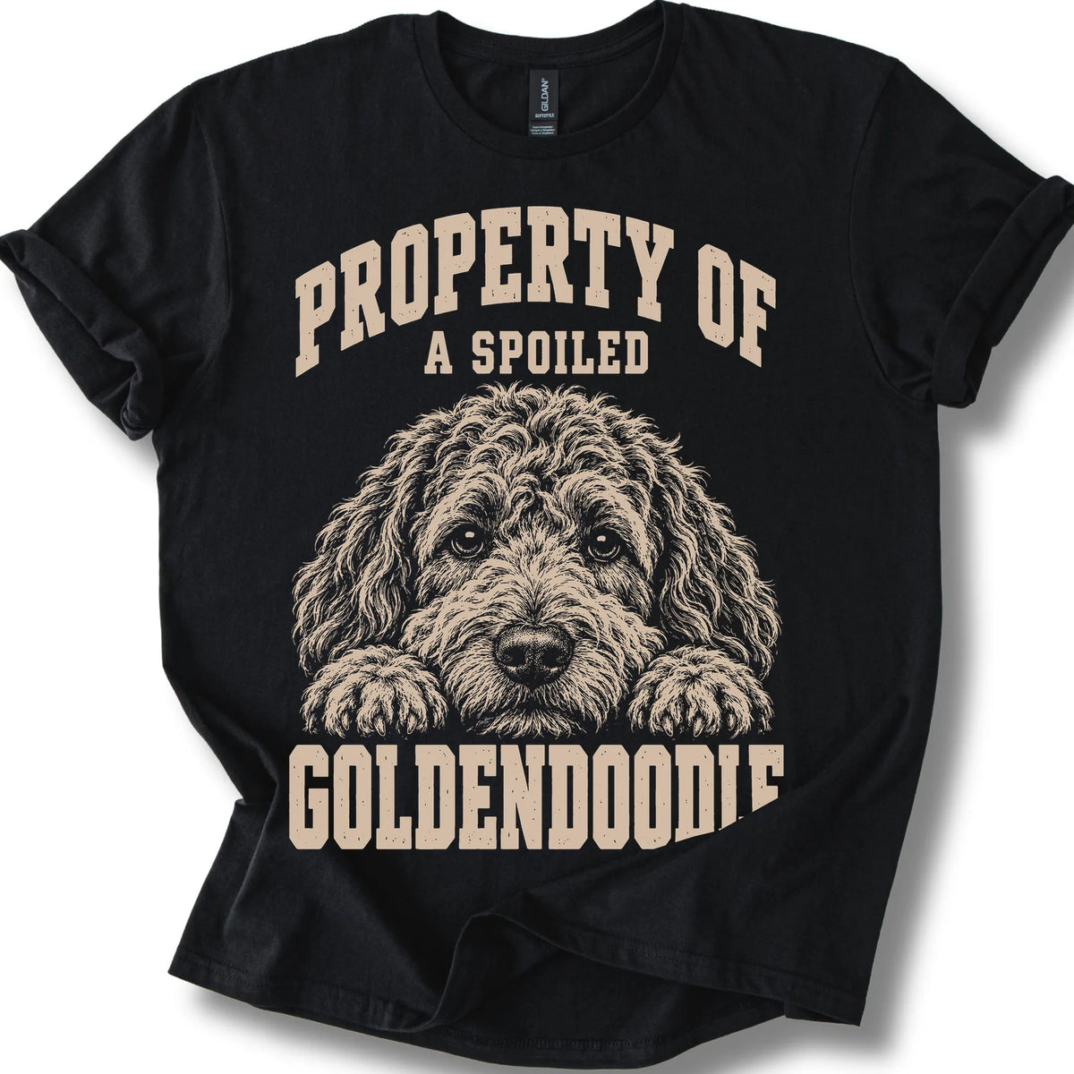 Black Goldendoodle T-shirt with a dog portrait and “Property of a Spoiled” lettering.
