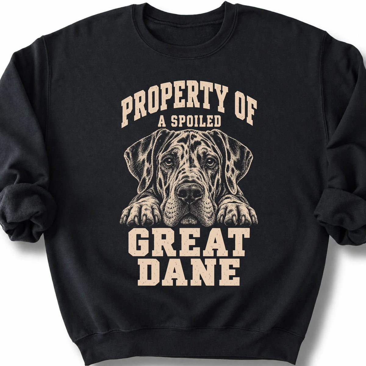 Black Great Dane sweatshirt with a dog portrait and “Property of a Spoiled” lettering.