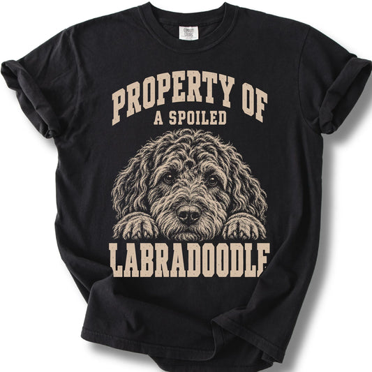 Black Labradoodle T-shirt with a dog portrait and “Property of a Spoiled” lettering.