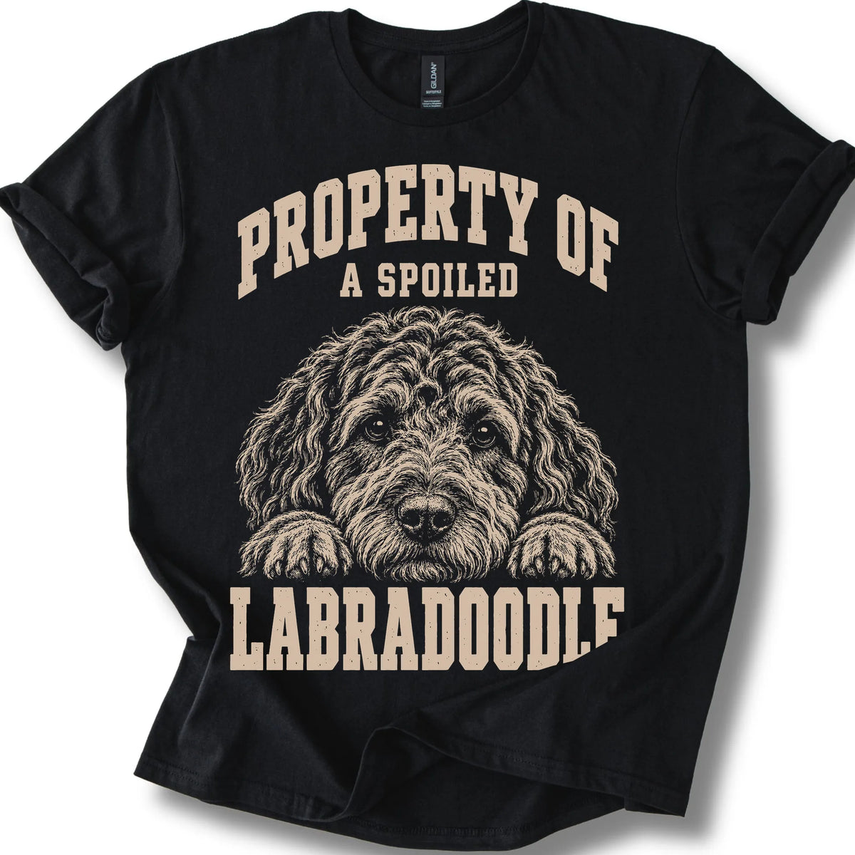 Black Labradoodle T-shirt with a dog portrait and “Property of a Spoiled” lettering.