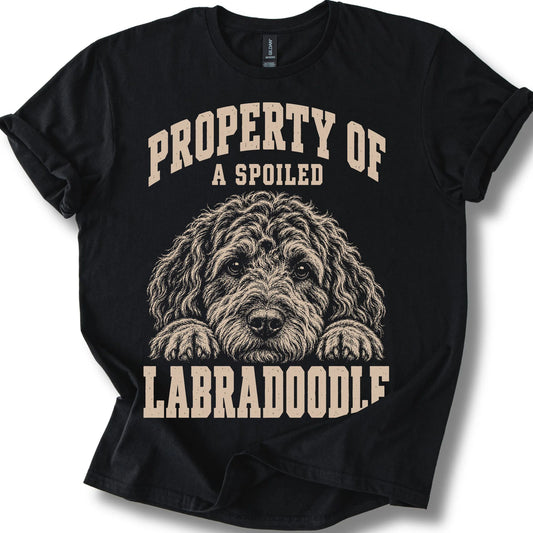 Black Labradoodle T-shirt with a dog portrait and “Property of a Spoiled” lettering.