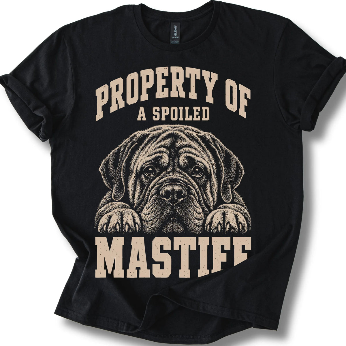 Black Mastiff T-shirt with a dog portrait and “Property of a Spoiled” lettering.