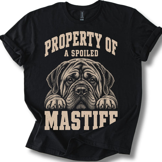 Black Mastiff T-shirt with a dog portrait and “Property of a Spoiled” lettering.