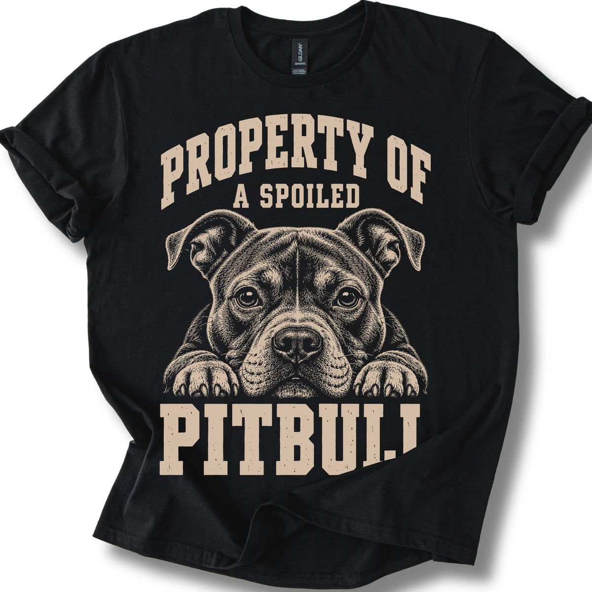 Black Pitbull T-shirt with a dog portrait and “Property of a Spoiled” lettering.