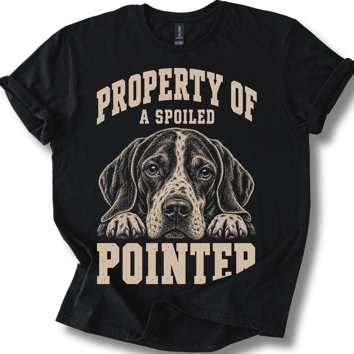 Black Pointer T-shirt with a dog portrait and “Property of a Spoiled” lettering.