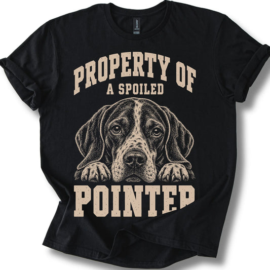 Black Pointer T-shirt with a dog portrait and “Property of a Spoiled” lettering.