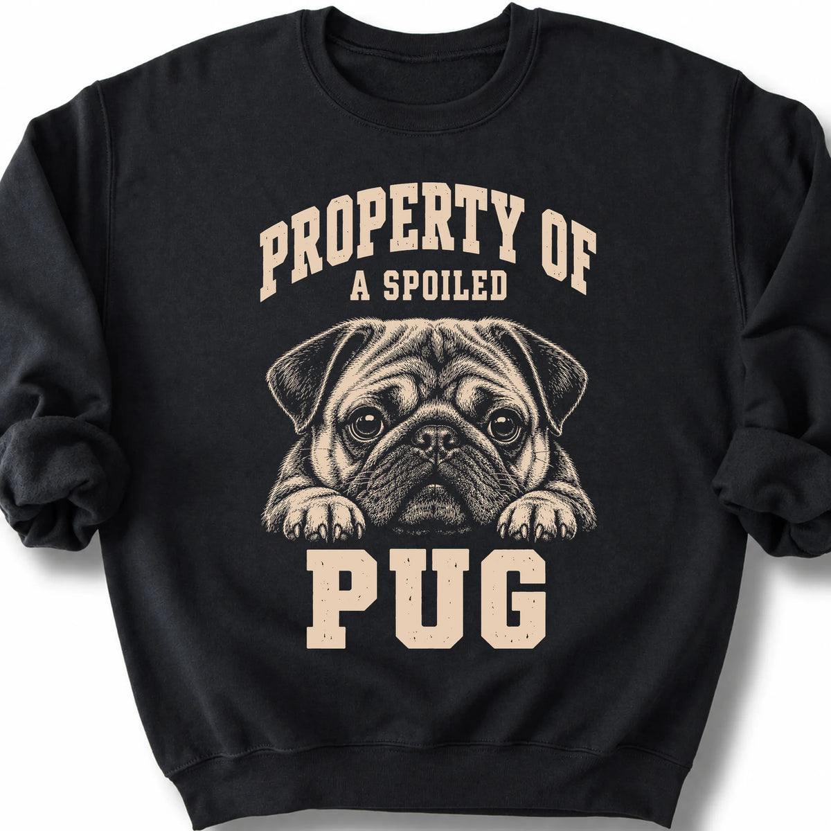 Black Pug sweatshirt with a dog portrait and “Property of a Spoiled” lettering.