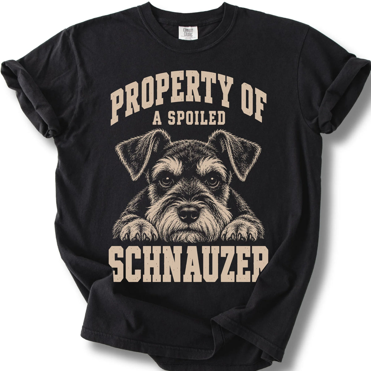 Black Schnauzer T-shirt with a dog portrait and “Property of a Spoiled” lettering.