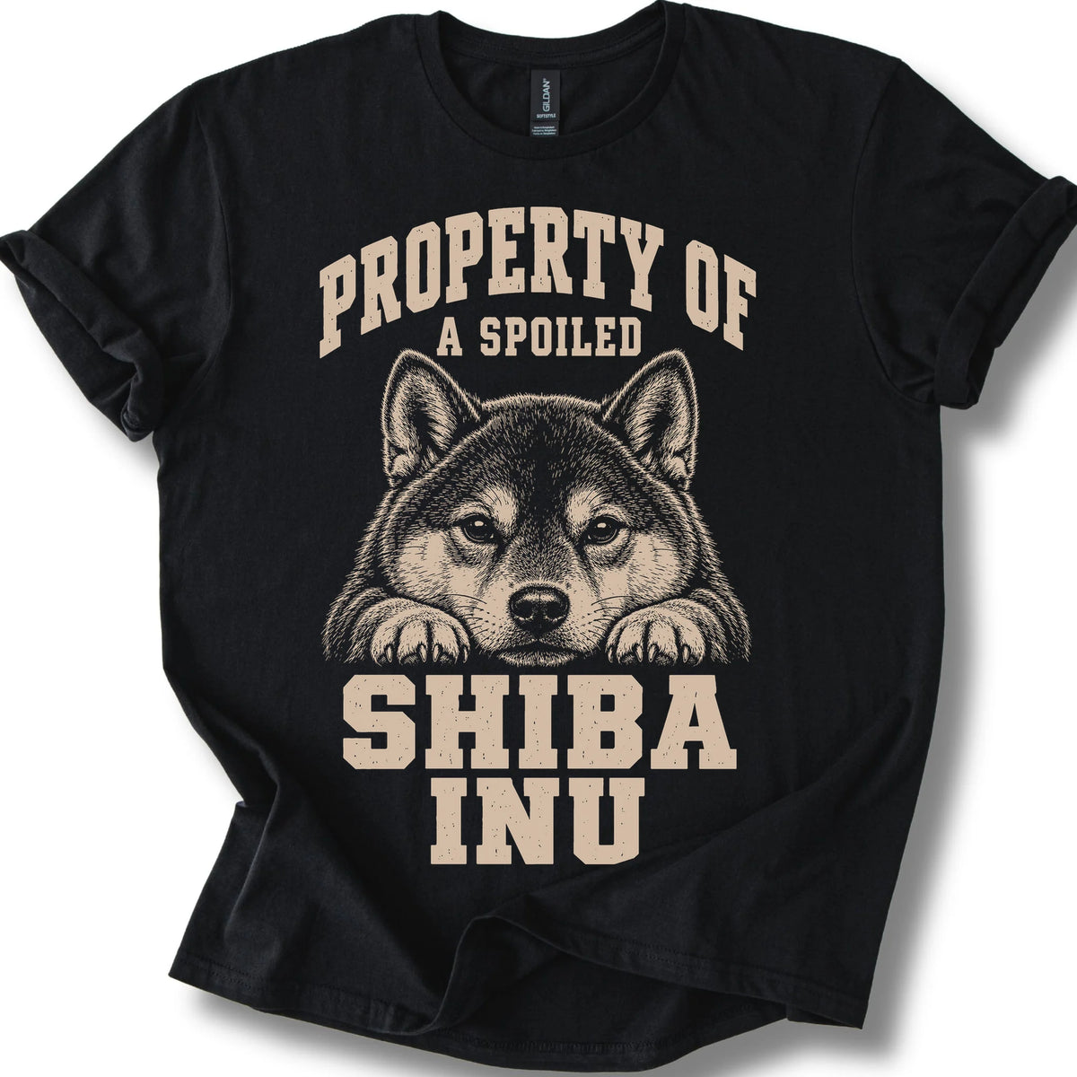 Black Shiba Inu T-shirt with a dog portrait and “Property of a Spoiled” lettering.