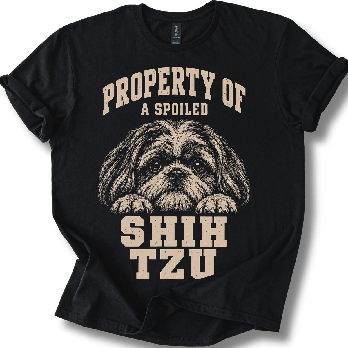 Black Shih Tzu T-shirt with a dog portrait and “Property of a Spoiled” lettering.