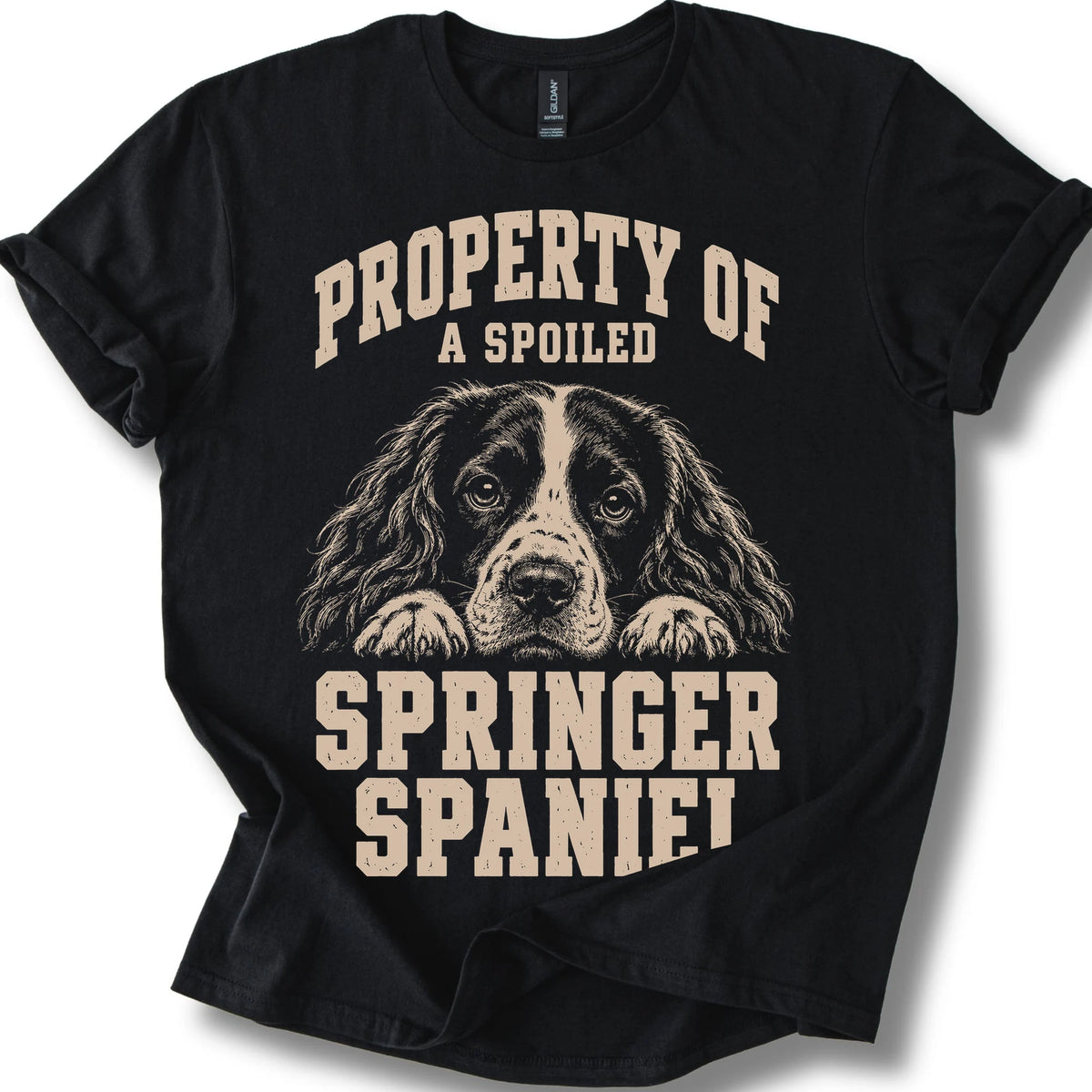 Black Springer Spaniel T-shirt with a dog portrait and “Property of a Spoiled” lettering.