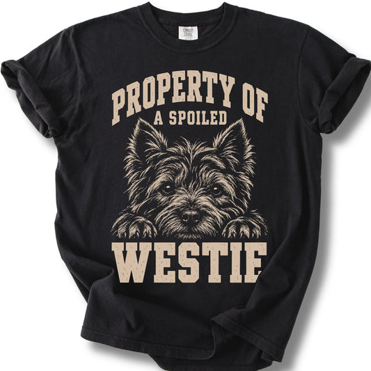 Black Westie T-shirt with a dog portrait and “Property of a Spoiled” lettering.