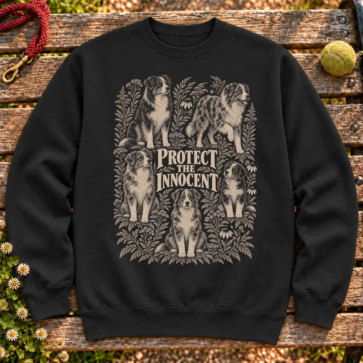 Protect the Innocent Australian Shepherd design on a Black sweatshirt