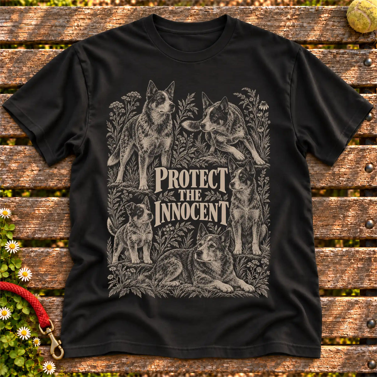 Protect the Innocent Blue Heeler design on a Black T-shirt