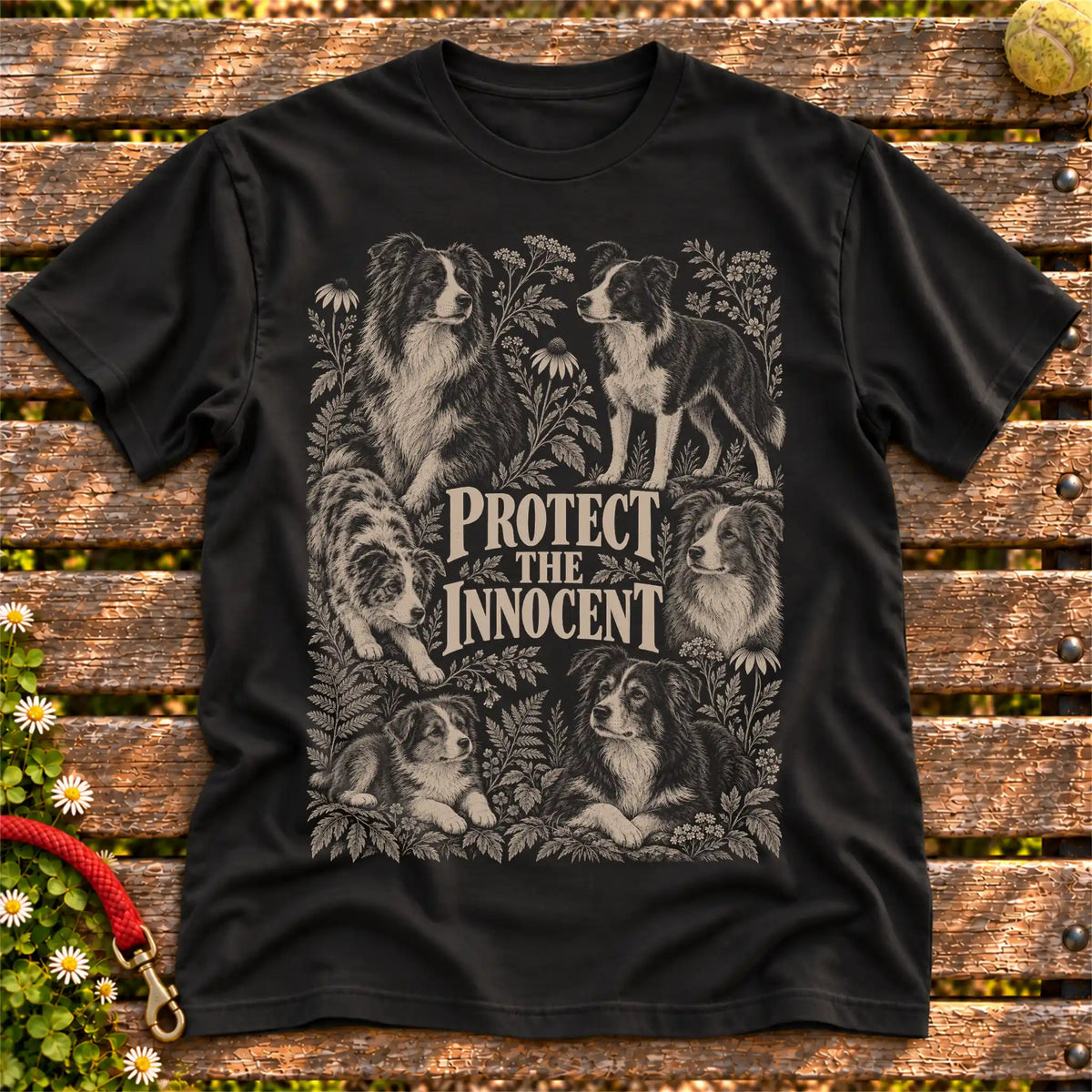 Protect the Innocent Border Collie design on a Black T-shirt