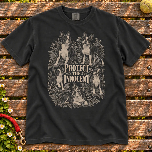 Protect the Innocent Boston Terrier design on a Black T-shirt