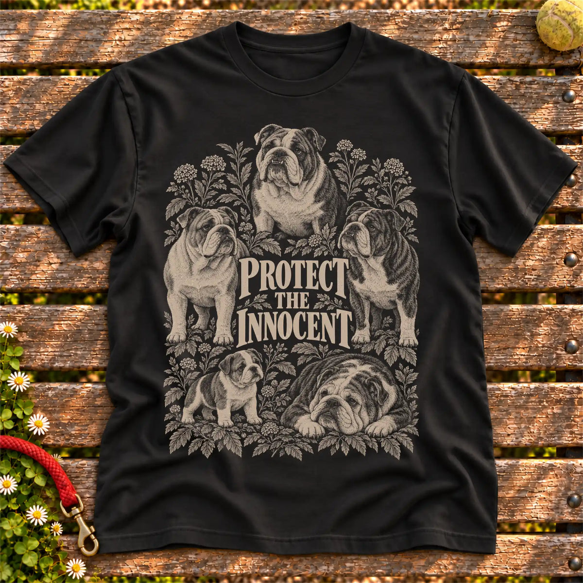 Protect the Innocent Bulldog design on a Black T-shirt
