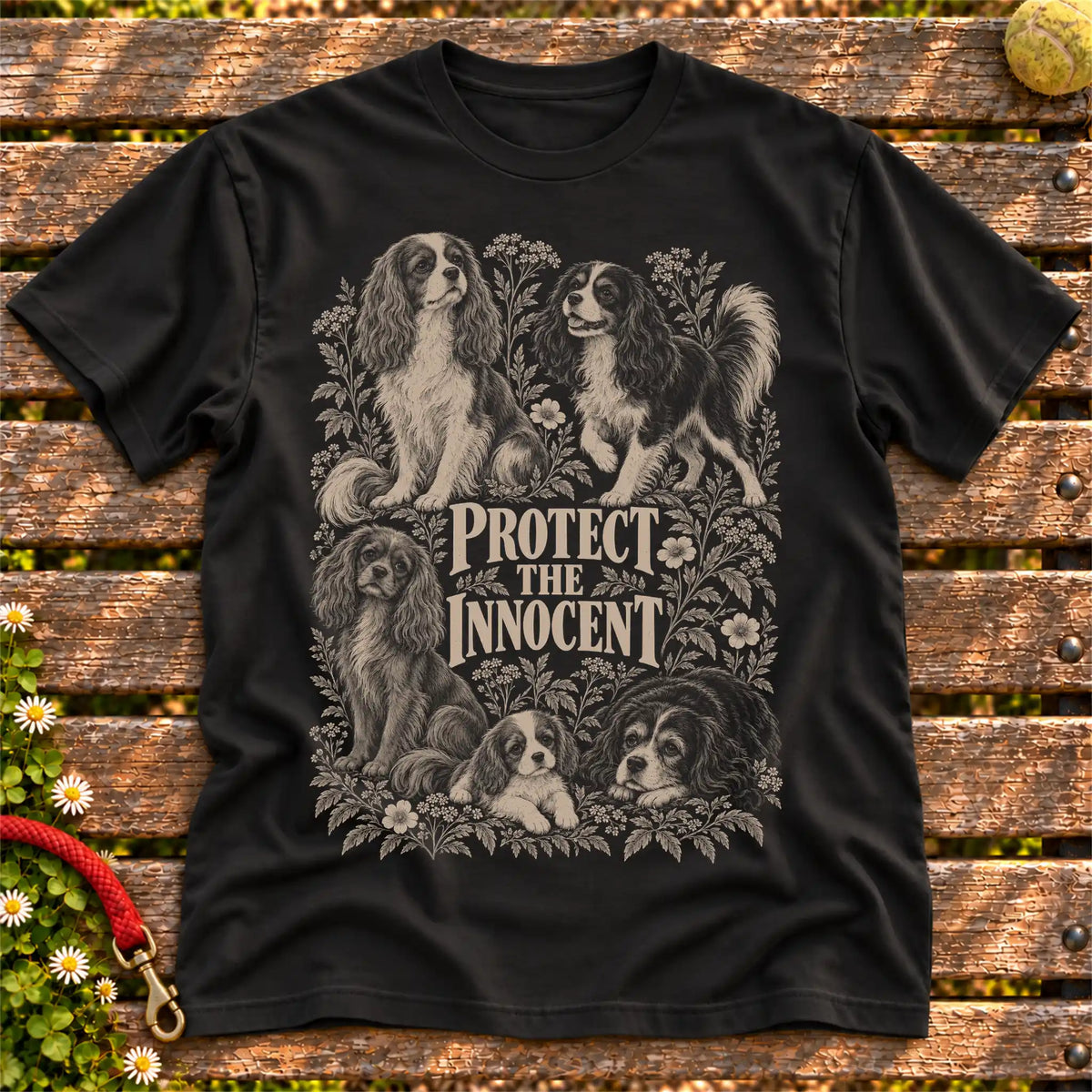 Protect the Innocent Cavalier King Charles Spaniel design on a Black T-shirt
