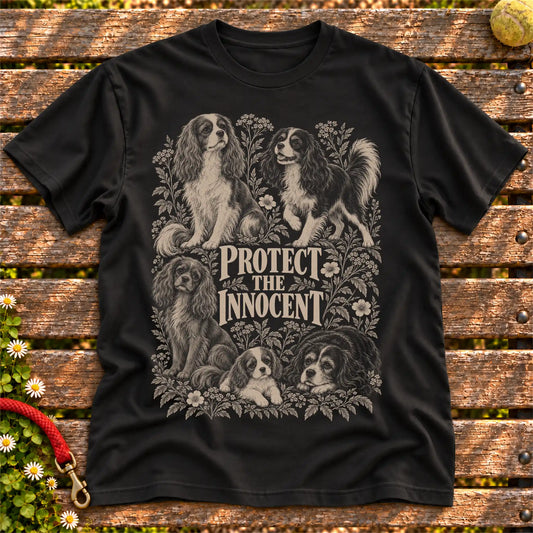 Protect the Innocent Cavalier King Charles Spaniel design on a Black T-shirt