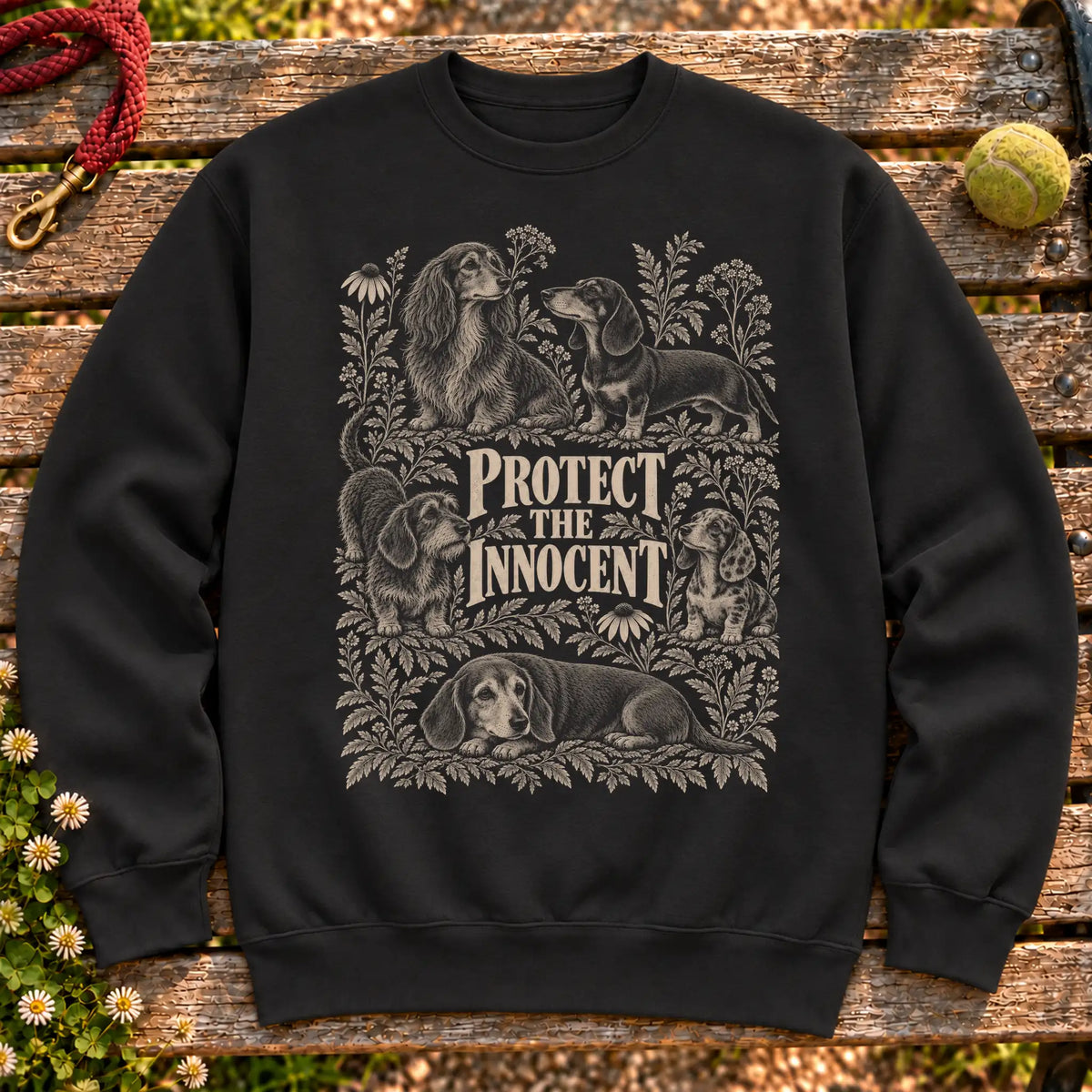 Protect the Innocent Dachshund design on a Black sweatshirt