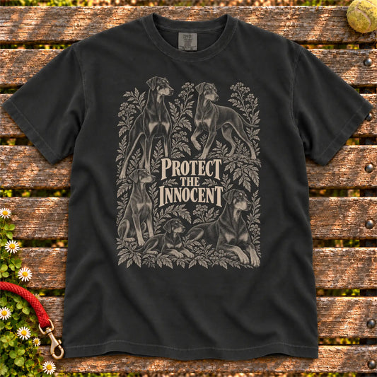 Protect the Innocent Doberman design on a Black T-shirt