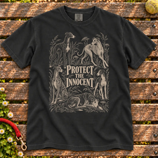 Protect the Innocent Greyhound design on a Black T-shirt