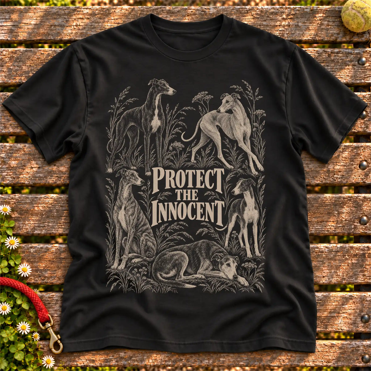 Protect the Innocent Greyhound design on a Black T-shirt