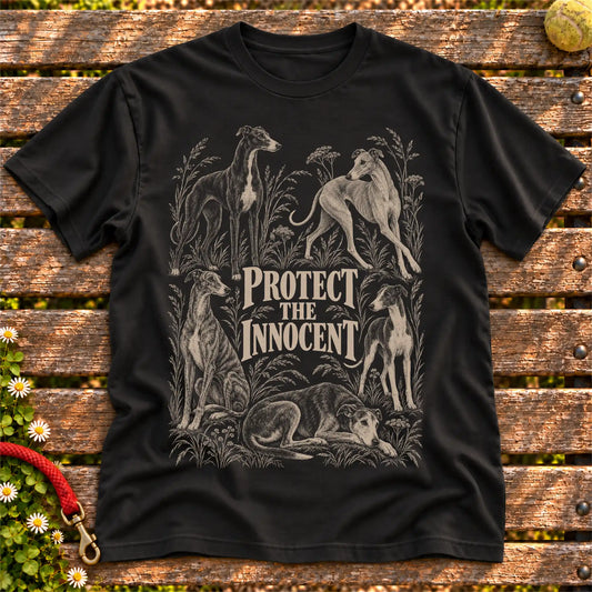 Protect the Innocent Greyhound design on a Black T-shirt