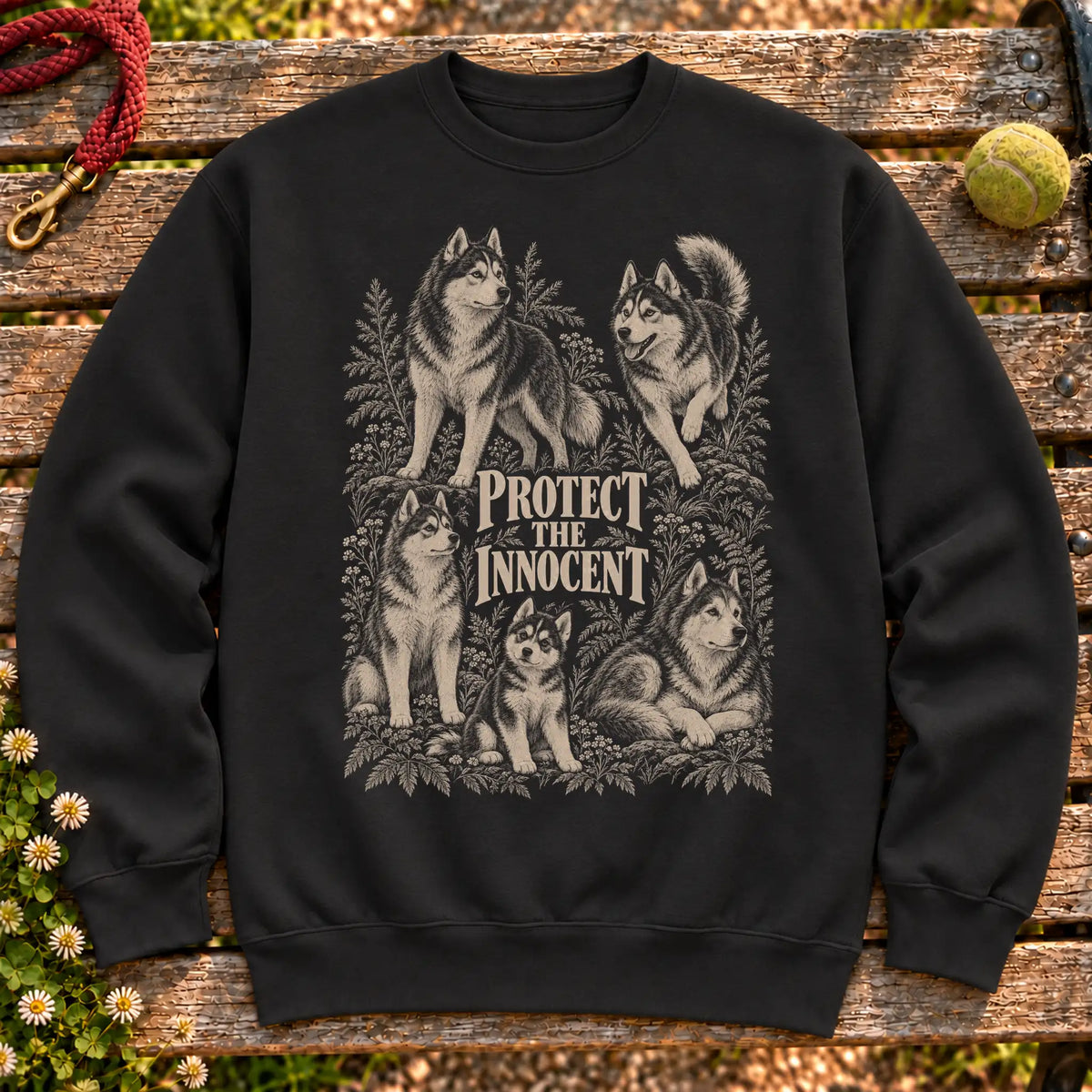 Protect the Innocent Husky design on a Black sweatshirt