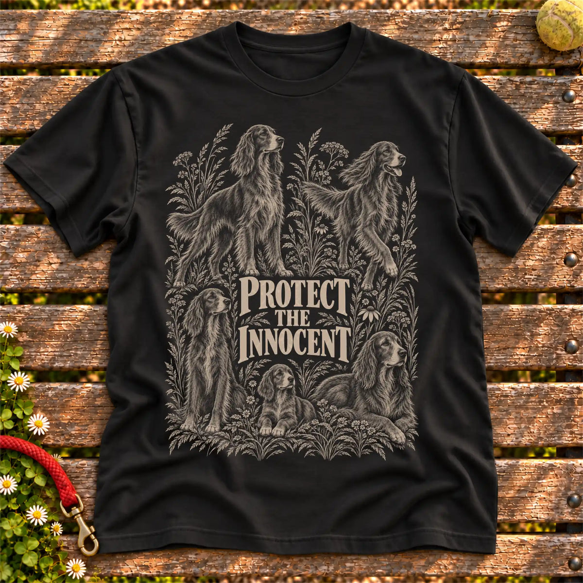 Protect the Innocent Irish Setter design on a Black T-shirt