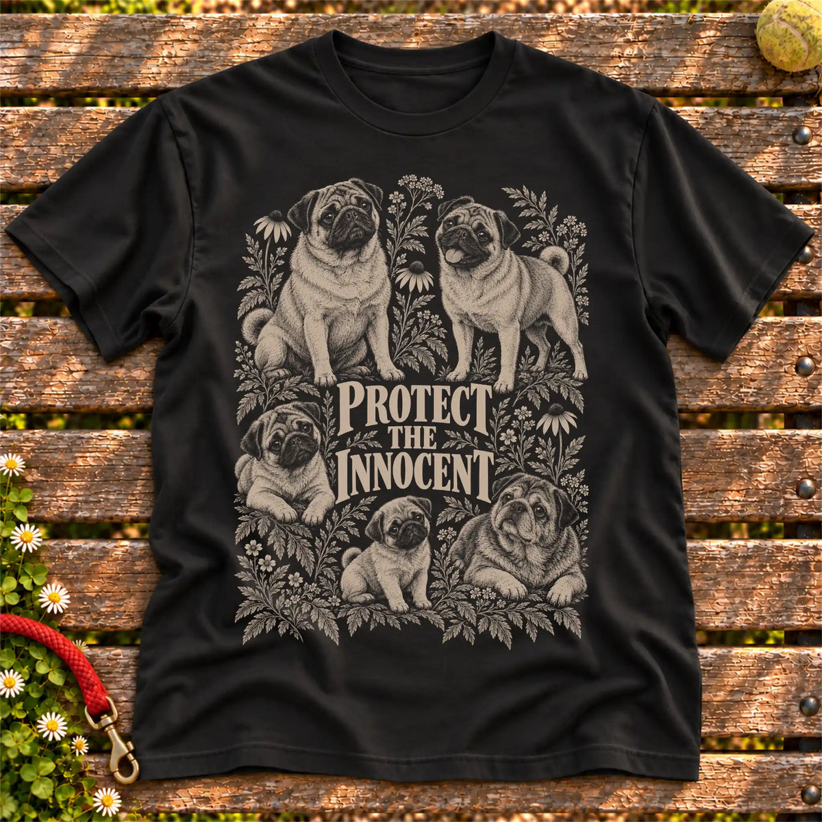 Protect the Innocent Pug design on a Black T-shirt