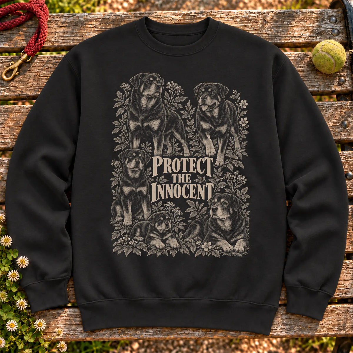 Protect the Innocent Rottweiler design on a Black sweatshirt