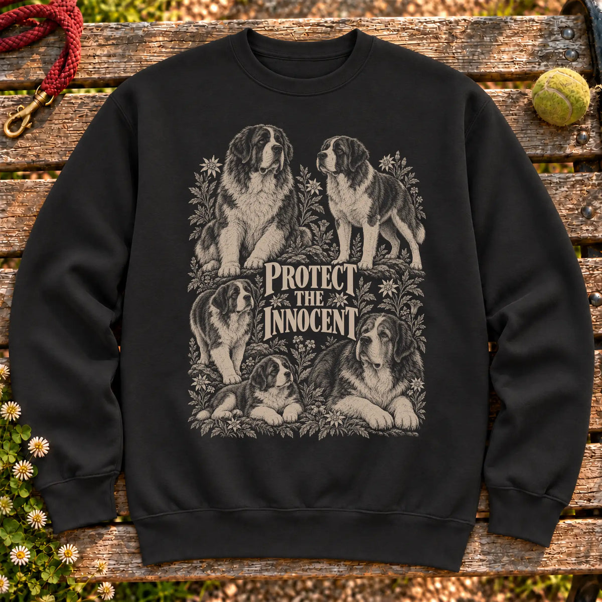 Protect the Innocent Saint Bernard design on a Black sweatshirt