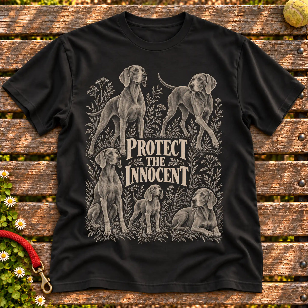 Protect the Innocent Weimaraner design on a Black T-shirt