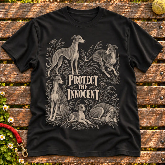 Protect the Innocent Whippet design on a Black T-shirt