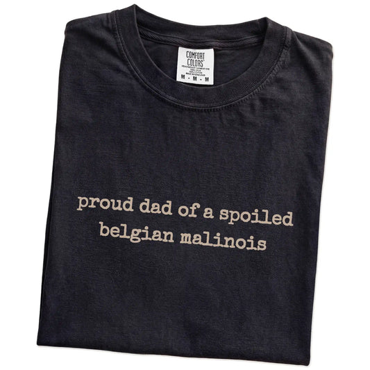 Folded Black Comfort Colors® T-shirt showing proud dad of a spoiled belgian malinois lettering