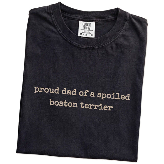 Folded Black Comfort Colors® T-shirt showing proud dad of a spoiled boston terrier lettering