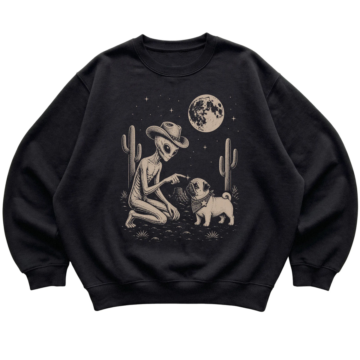 Black crewneck sweatshirt featuring Pug Cowboy and Alien, laid-flat presentation