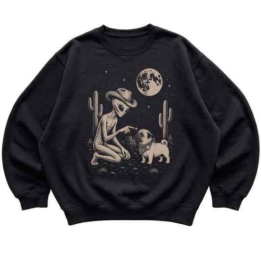 Black crewneck sweatshirt featuring Pug Cowboy and Alien, laid-flat presentation