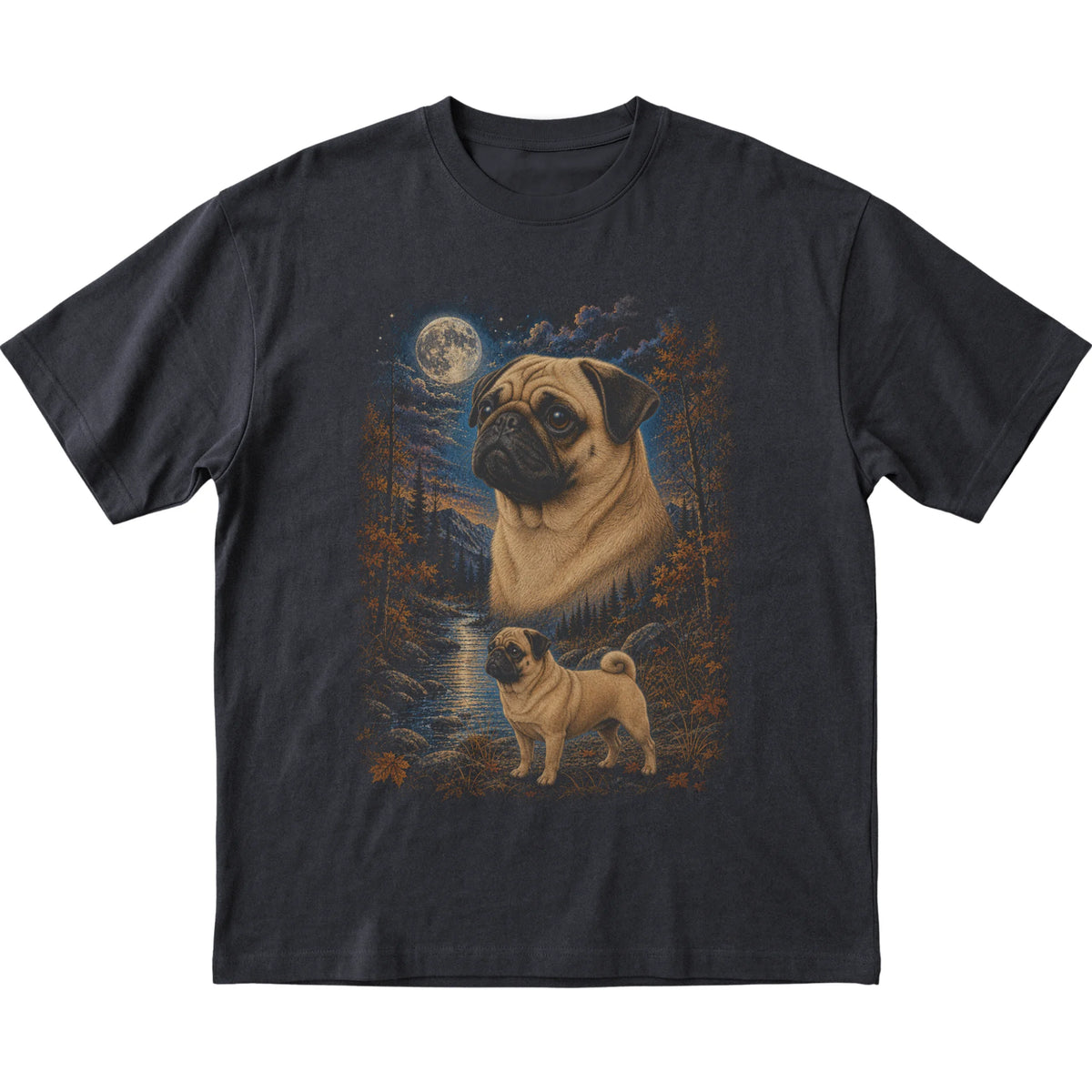 black T-shirt with Pug Autumn Moon artwork.