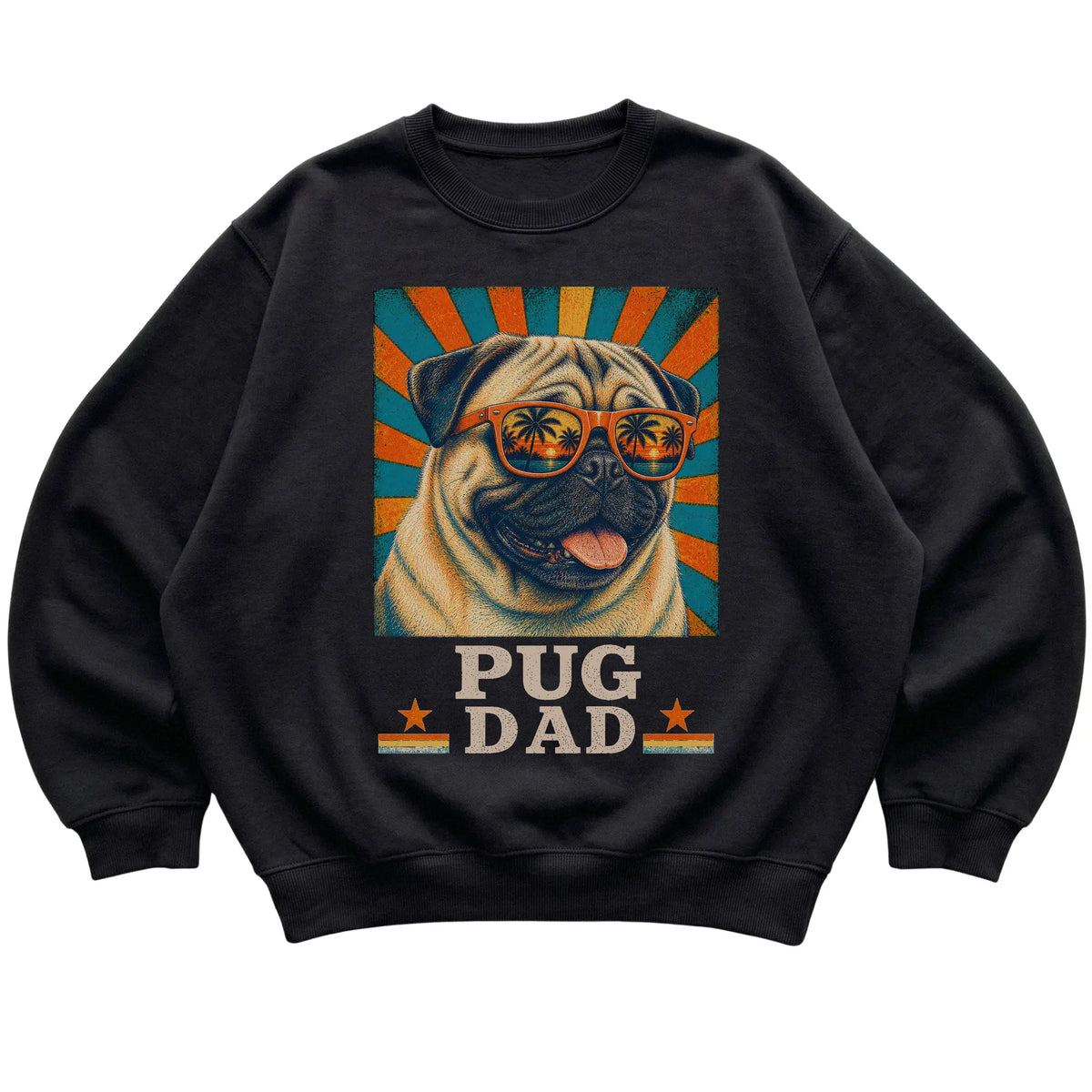 Retro Pug Dad design on a Black crewneck sweatshirt