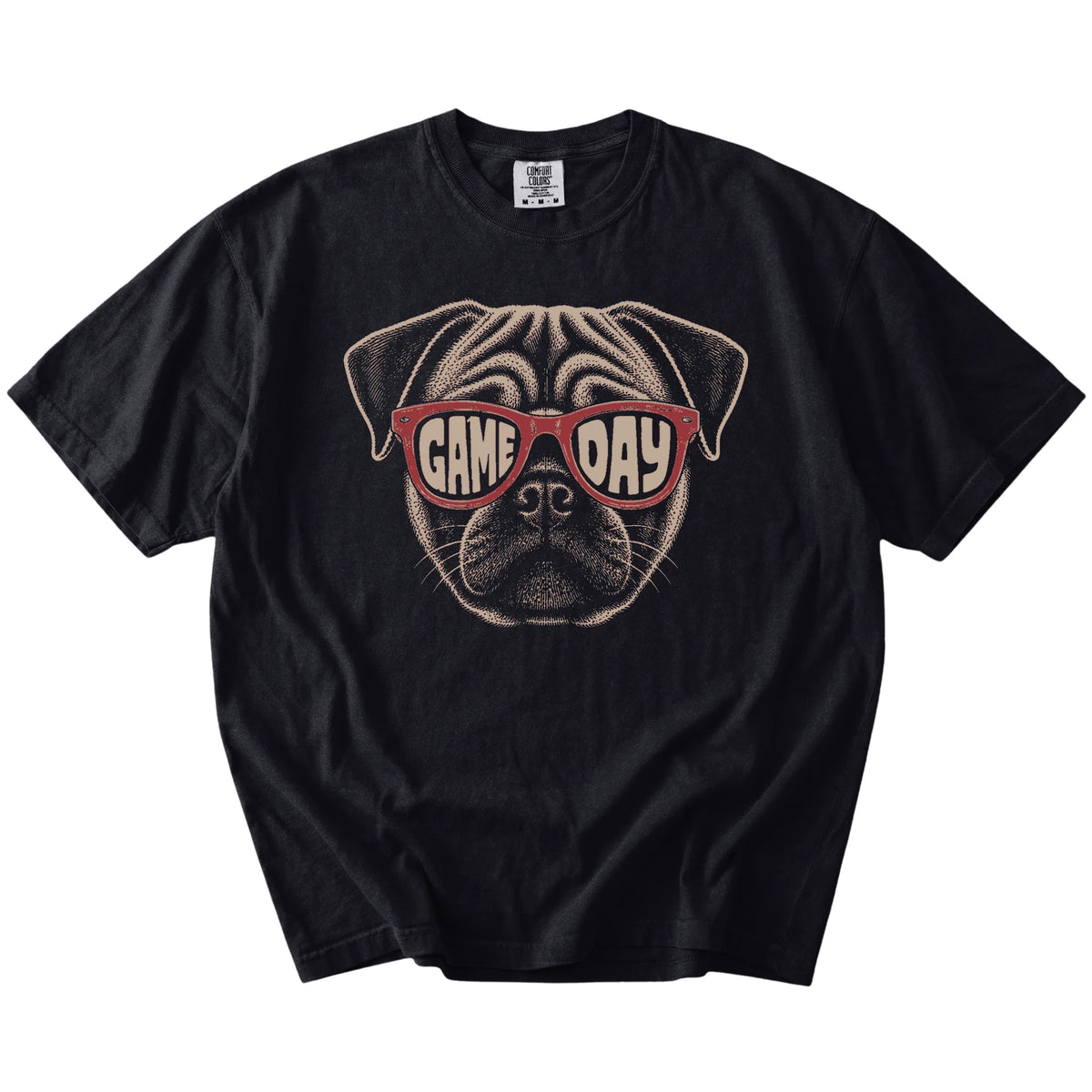 Pug wearing red Game Day sunglasses on a Black Comfort Colors® T-shirt