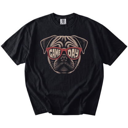 Pug wearing red Game Day sunglasses on a Black Comfort Colors® T-shirt